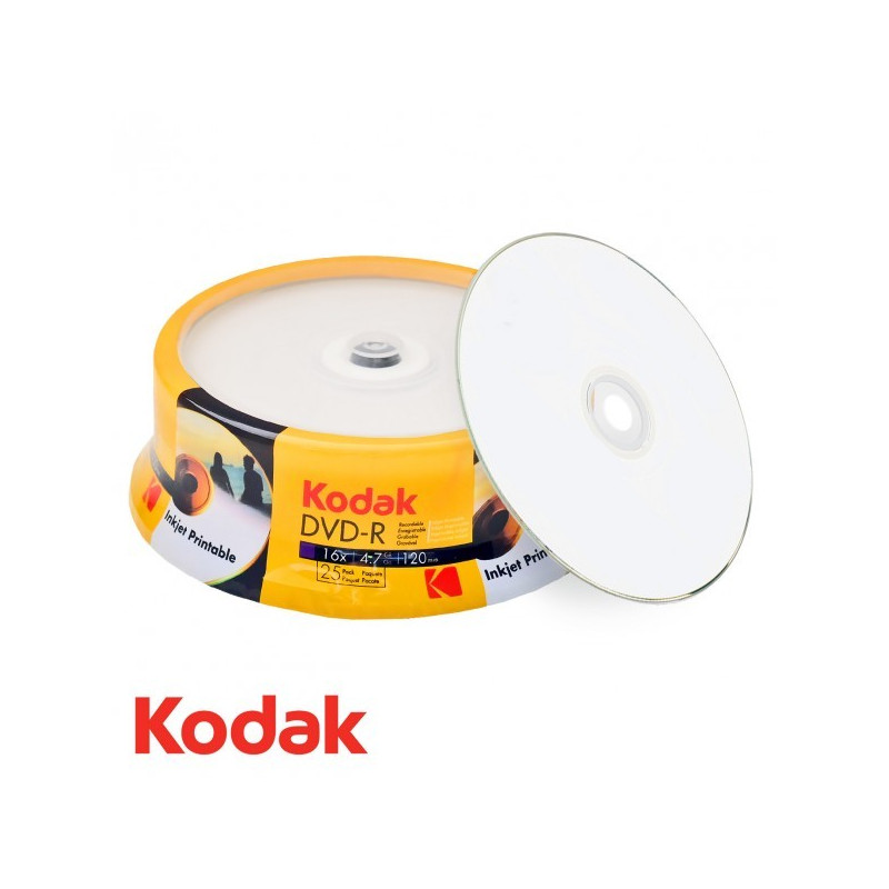 Kodak DVD-R 4,7 Go|120 min 16x, Imprimable jet d'encre surface intégrale, spindle 25