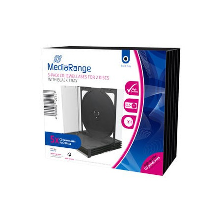 Pack 5 MediaRange CD Jewelcase for 2 disc, 10.4mm, black tray