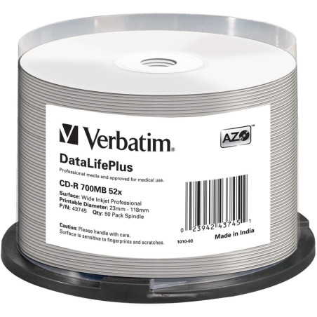 Verbatim CD-R AZO 700MB 52X DL+ weiße breite bedruckbare Oberfläche Non-ID Spindel 50
