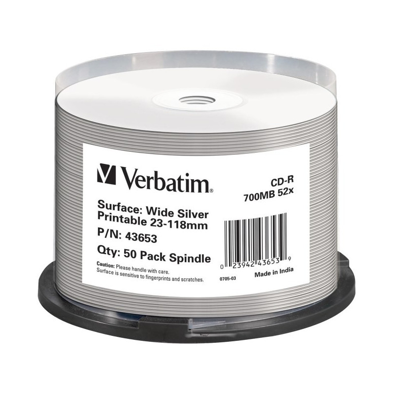 Verbatim CD-R AZO 700MB 52X plata imprimible inkjet wide Non-ID tarrina 50 Verbatim CD-R AZO 700MB 52X plata imprimible inkjet wide Non-ID tarrina 50