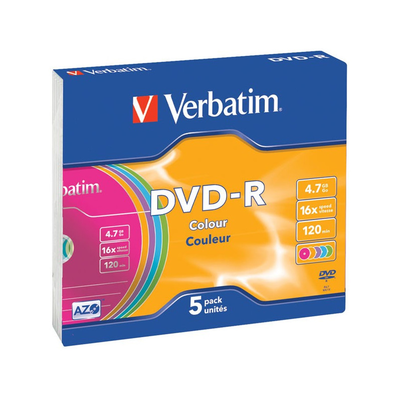 Verbatim DVD-R AZO 4.7GB 16X COLOUR SURFACE Slimcase Pack 5