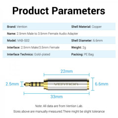 Adaptateur jack 2,5 mm mâle vers jack 3,5 mm femelle