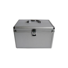 Media storage case for 120 discs, aluminum look, with hanging sleeves, silver