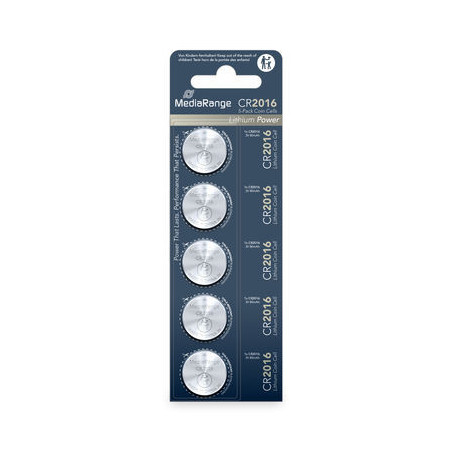 MediaRange Piles bouton au lithium CR2016|3V, pack 5