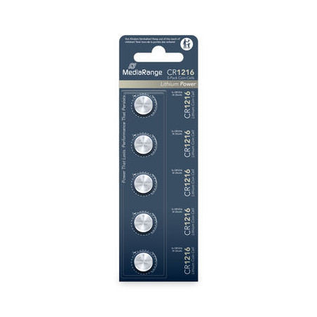 MediaRange Lithium-Knopfzellen CR1216, 3 V – 5er-Pack
