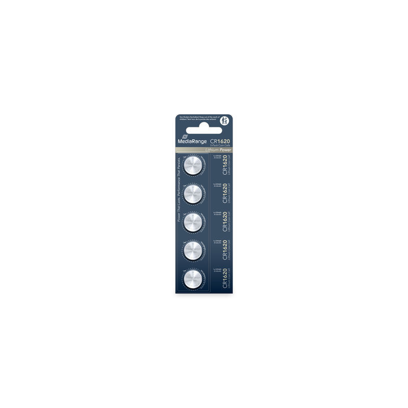MediaRange Lithium Coin Cells, CR1620|3V, Pack 5 MediaRange Lithium Coin Cells, CR1620|3V, Pack 5