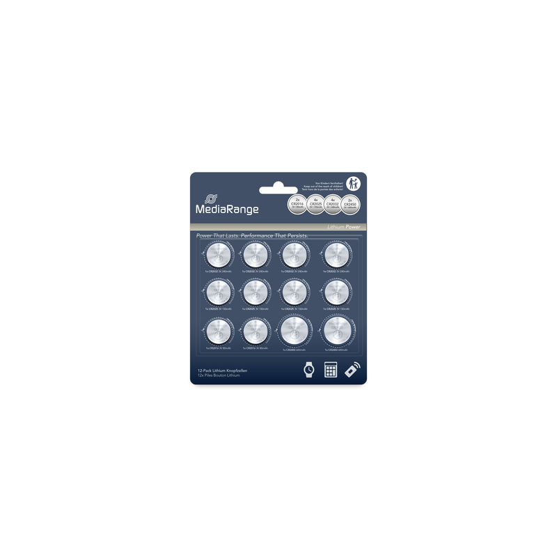 Lithium-Knopfzellen, Sortiment CR2016|CR2025|CR2032|CR2450, Pack 12