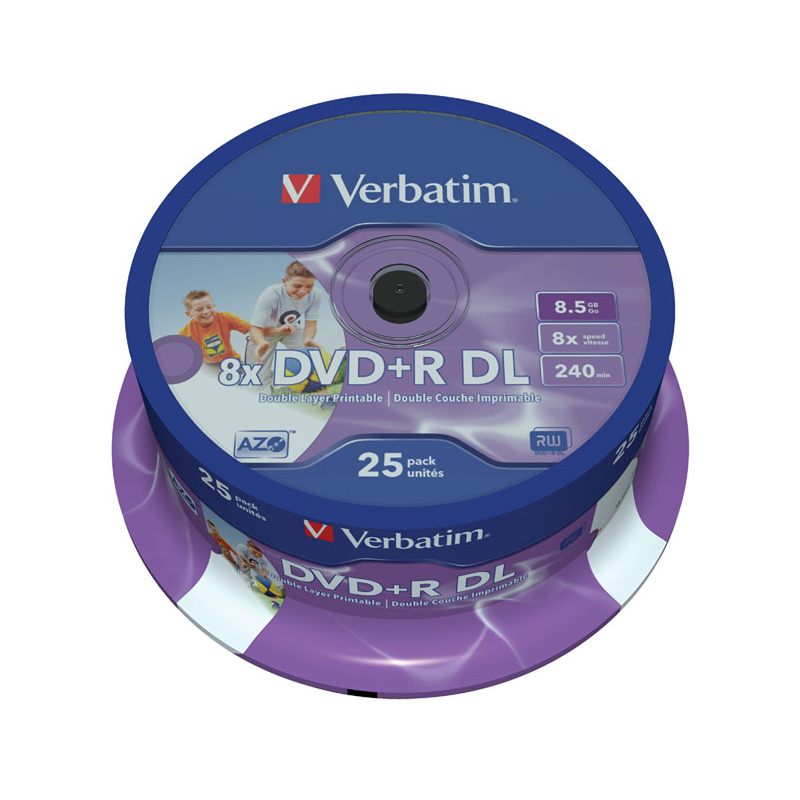 Verbatim DVD+R Double couche 8,5 Go 8X surface imprimable large - no-ID spindle 25 Verbatim DVD+R Double couche 8,5 Go 8X surface imprimable large - no-ID spindle 25