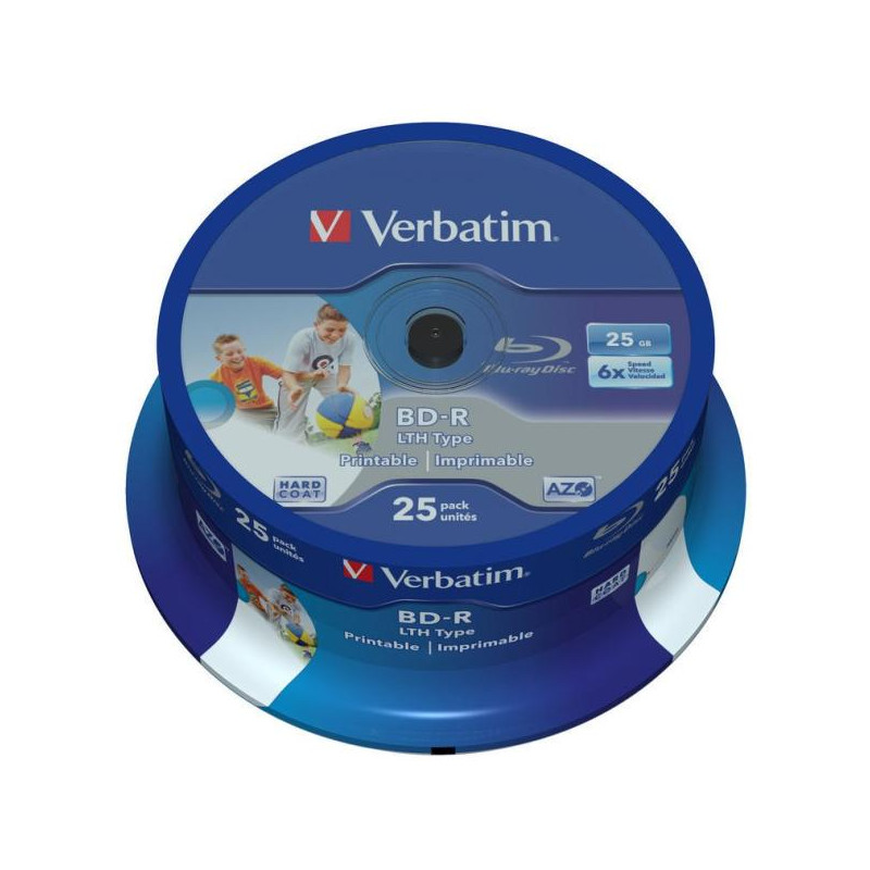 Verbatim BD-R SINGLE LAYER LTH 25GB 6X WIDE PRINTABLE NO ID SURFACE HARD COAT Cake 25