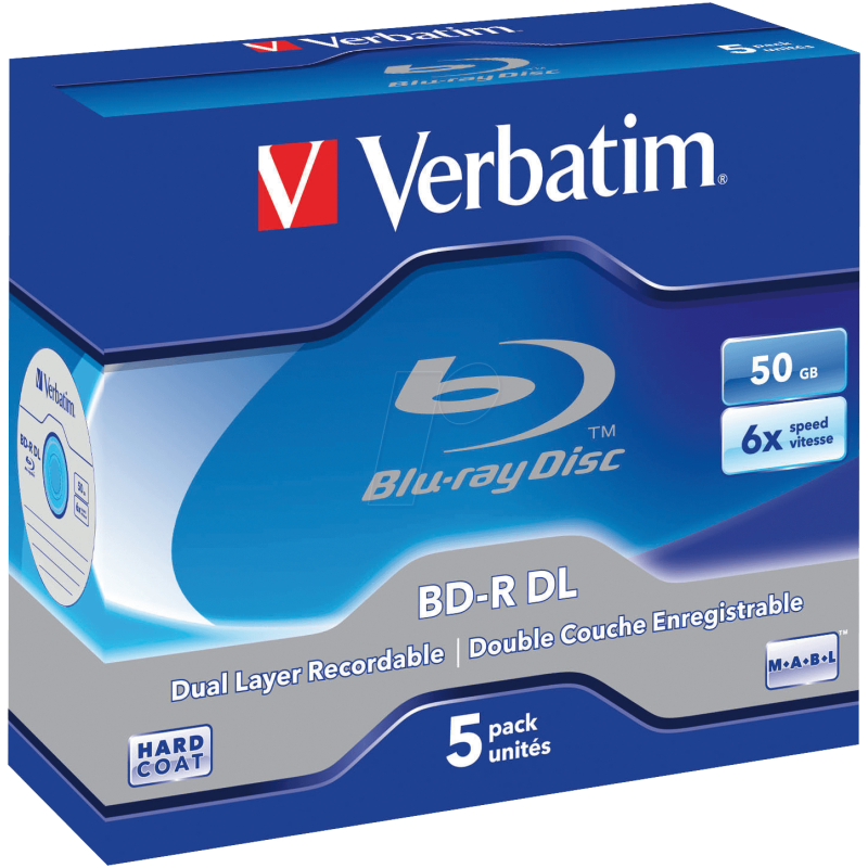 BD-R Verbatim 50GB 6x Superfície branca/azul Hard Coat Jewelcase 5 unid.