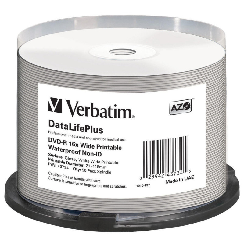 Verbatim DVD-R AZO 4,7GB 16x DL+ superficie stampabile wide lucida impermeabile Non-ID campana 50 Verbatim DVD-R AZO 4,7GB 16x DL+ superficie stampabile wide lucida impermeabile Non-ID campana 50