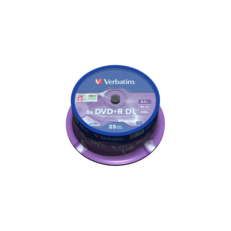 Verbatim DVD+R Doble capa 8,5GB 8X superficie plata mate tarrina 25